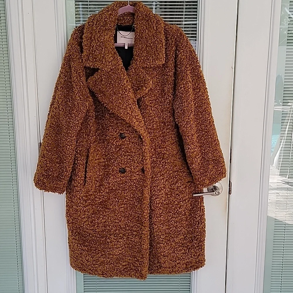 BCBGeneration Double Breasted Faux Fur Teddy Coat Sz L Toffee - Picture 4 of 13